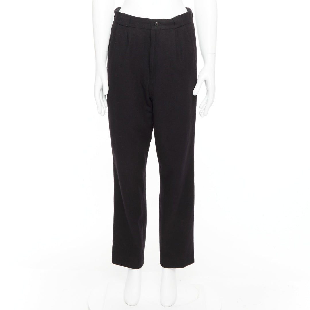 YOHJI YAMAMOTO navy 100% wool pleated front back flap tapered pants M