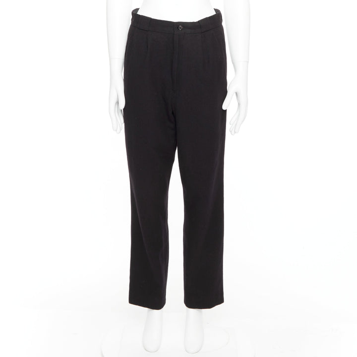 YOHJI YAMAMOTO navy 100% wool pleated front back flap tapered pants M