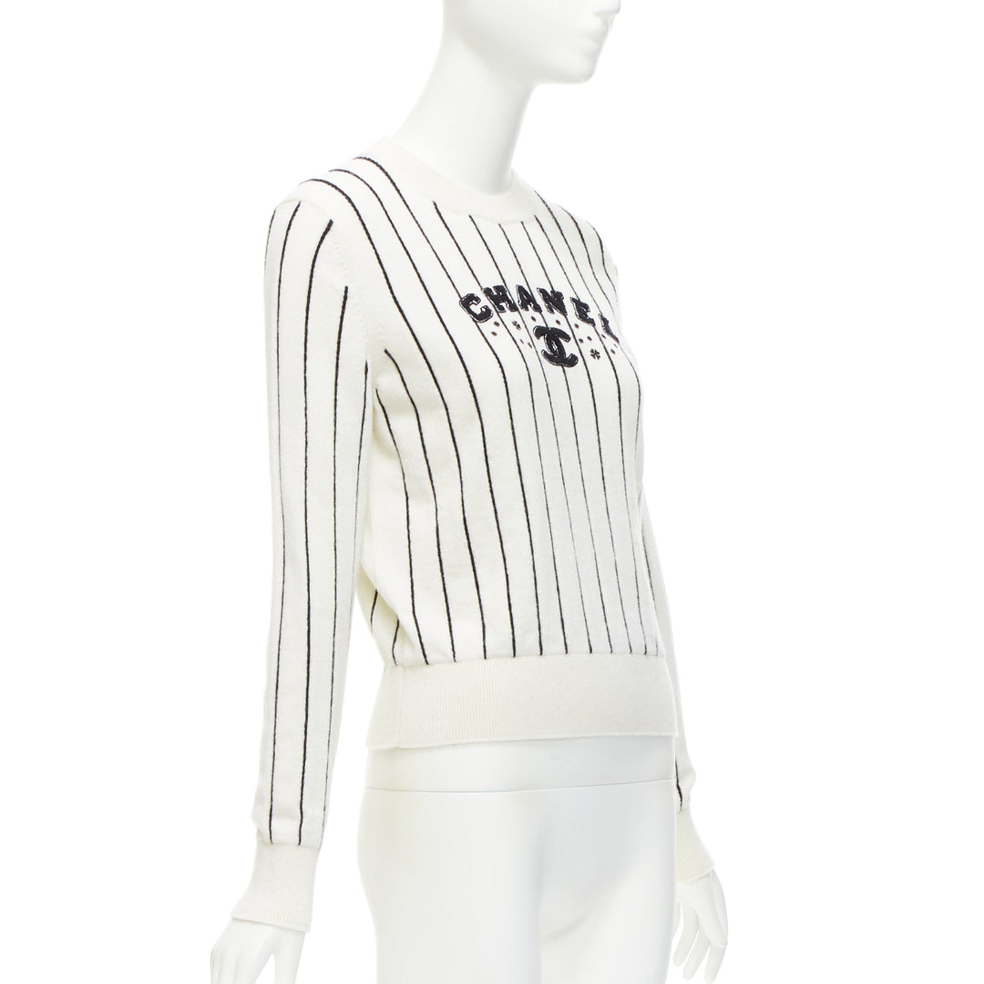 CHANEL 2023 100% cashmere cream black striped logo varsity sweater top FR36 S