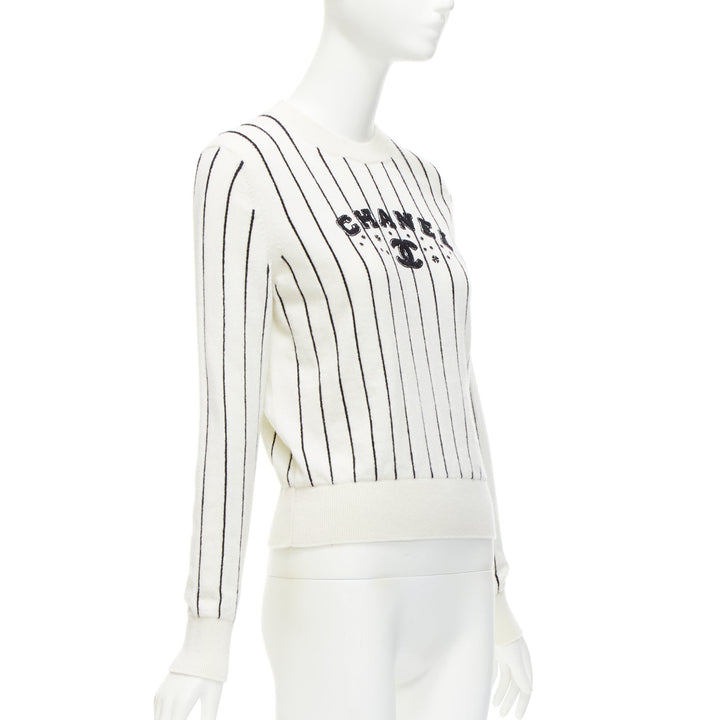 CHANEL 2023 100% cashmere cream black striped logo varsity sweater top FR36 S