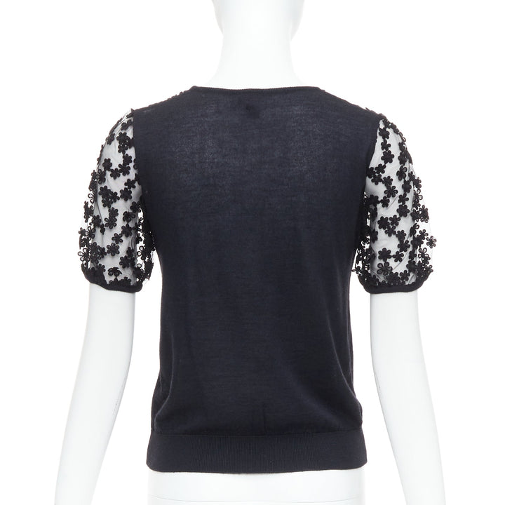 GIAMBATTISTA VALLI black cashmere silk floral sheer lace panel sweater IT38 XS