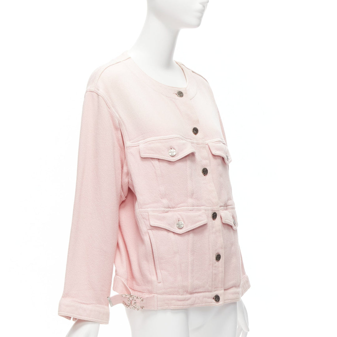 CHANEL 2019 pink cotton 4 pockets CC buttons collarless oversized jacket FR34 XS