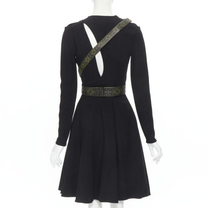 runway VERSACE black Greca stitch leather harness strap fit flare dress IT38