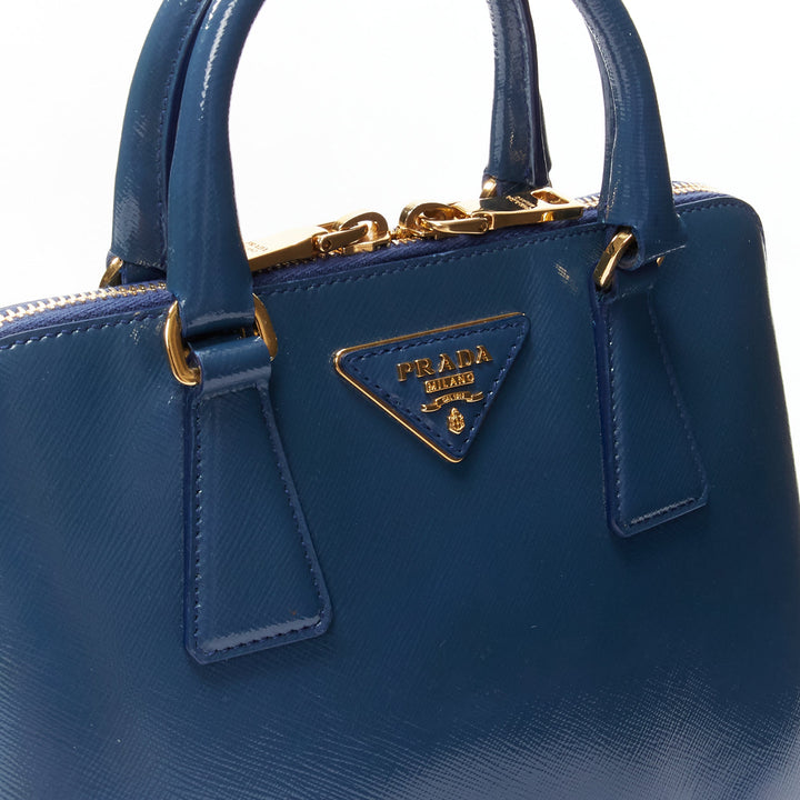 PRADA Promenade Vernice Saffiano blue leather triangle logo top handle tote bag