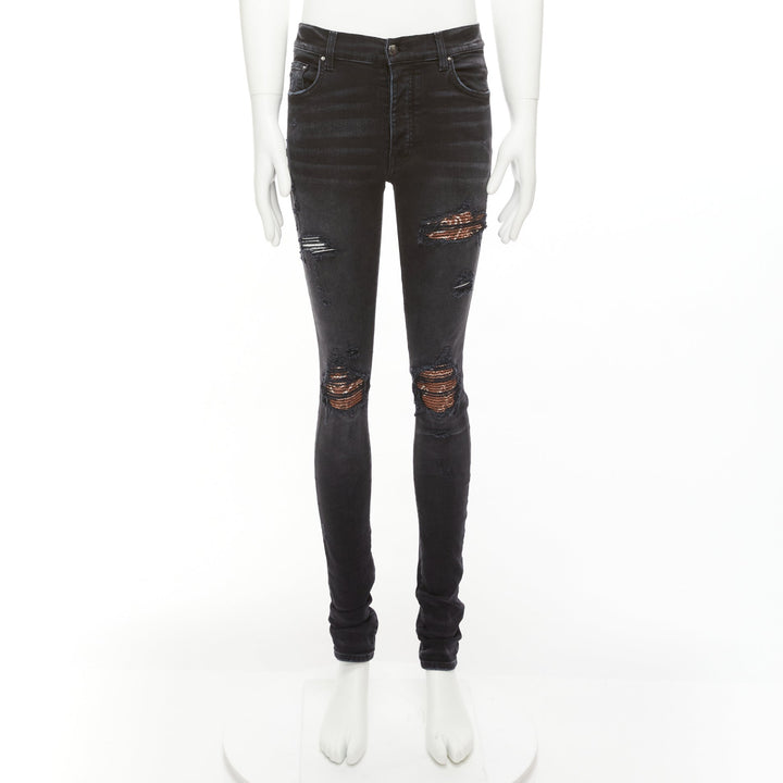 AMIRI black charcoal distressed brown pleated inserts washed skinny jeans 31"