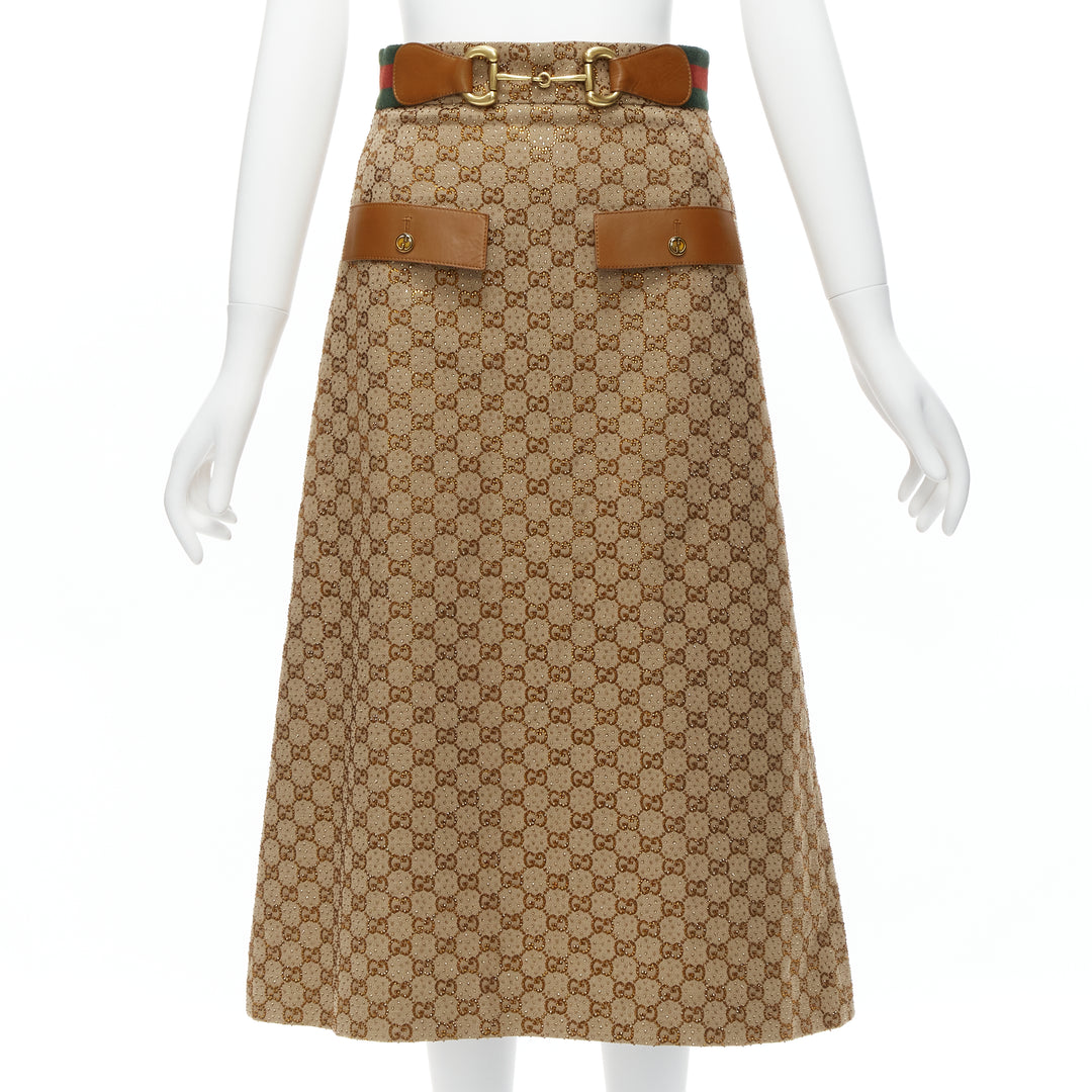 GUCCI Aria GG monogram crystal brown leather horsebit A-line midi skirt IT38 XS