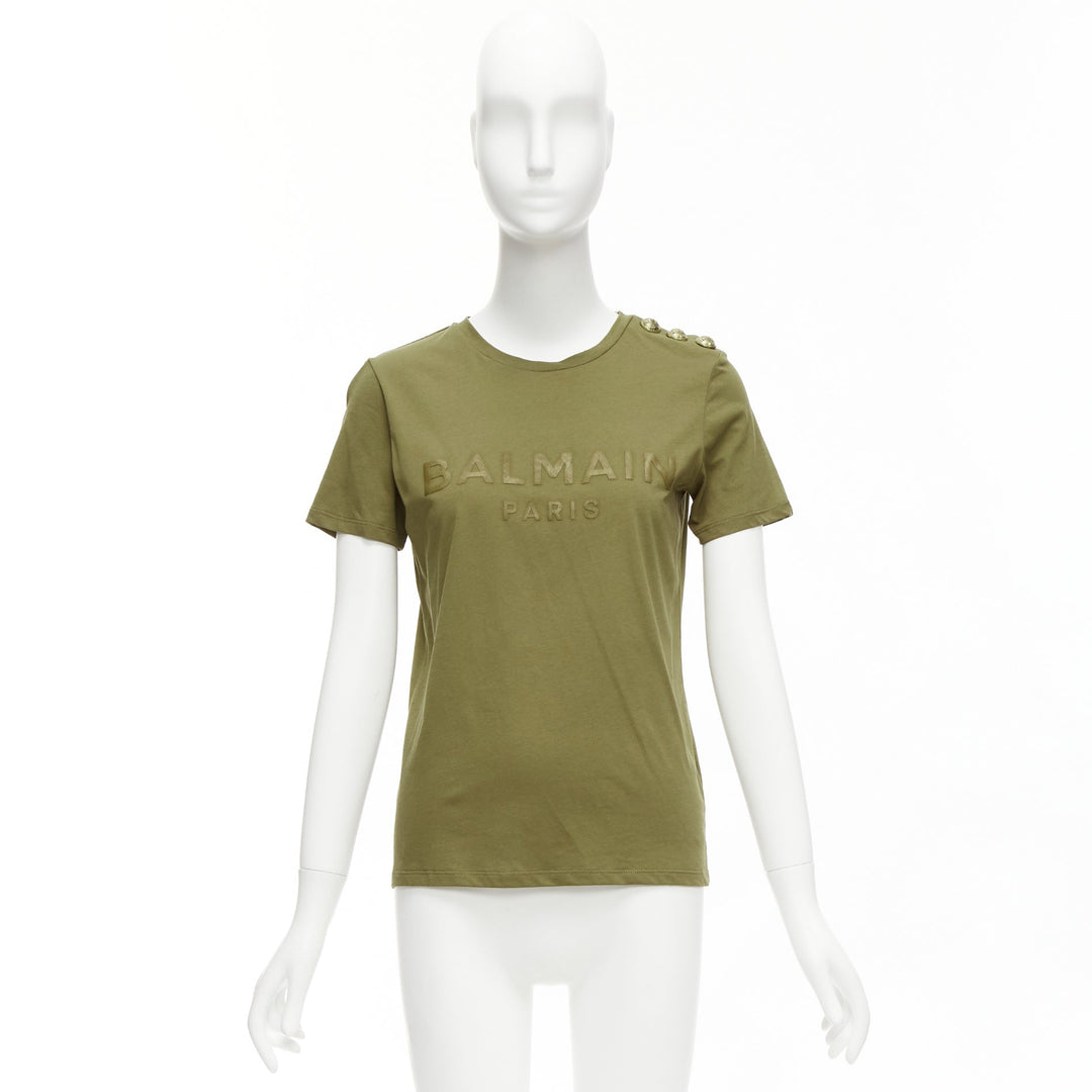 BALMAIN green brown distressed logo military buttons tshirt XS