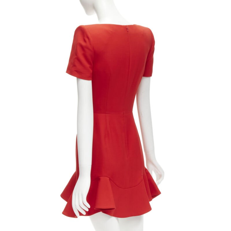 ALEXANDER MCQUEEN red wool crepe tulip neck flutter hem dress IT38 XS