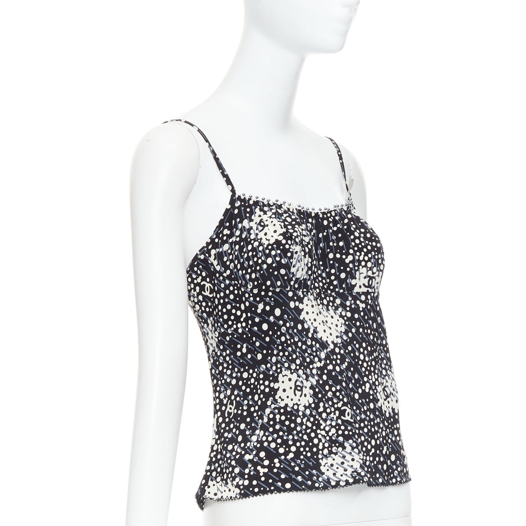 CHANEL 02A 100% silk CC logo polka dot pearl trim camisole FR40 S