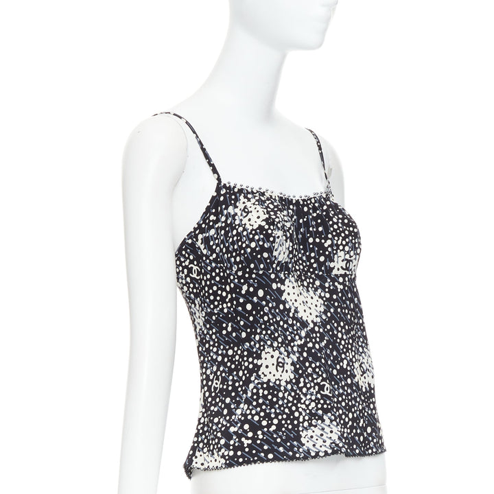 CHANEL 02A 100% silk CC logo polka dot pearl trim camisole FR40 S