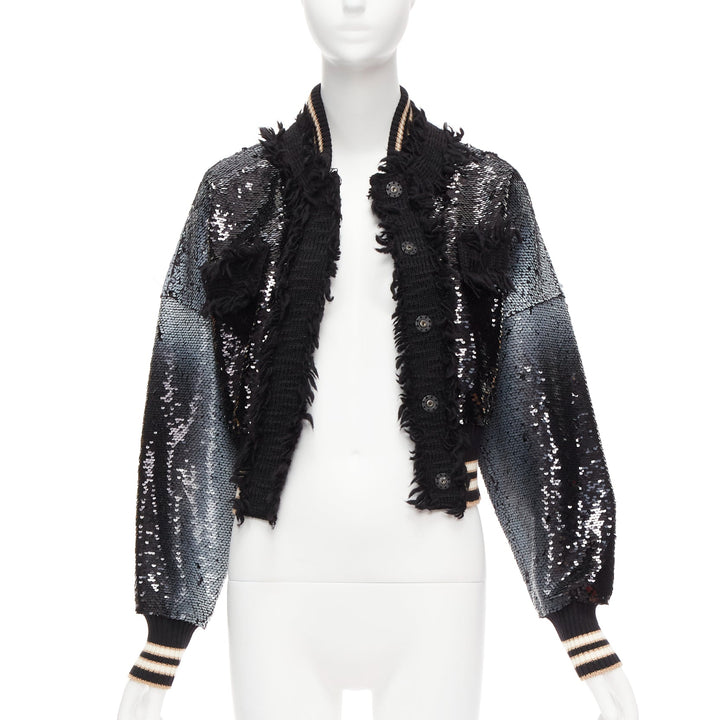 AVIU black white spray paint effect sequins cropped bomber jacket IT38