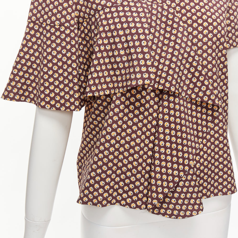 MARNI brown yellow floral asymmetric ruffle drapes hi neck top IT38 XS
