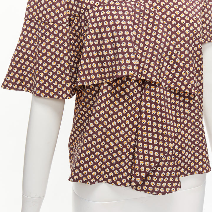 MARNI brown yellow floral asymmetric ruffle drapes hi neck top IT38 XS