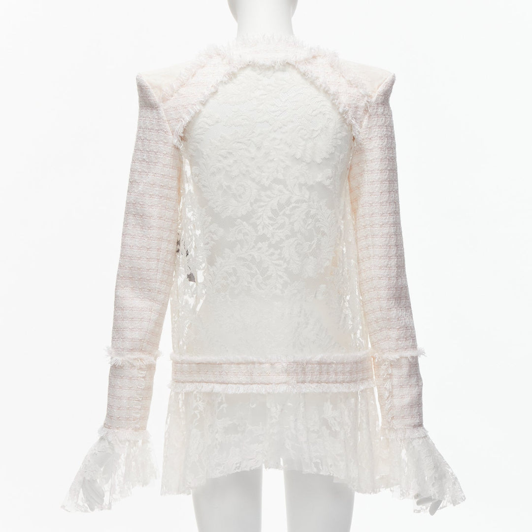 BALMAIN Spencer pink white tweed sheer lace ruffle blazer jacket FR34 XS