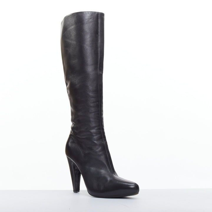PRADA black leather cone heel pointy toes tall calf boots EU39