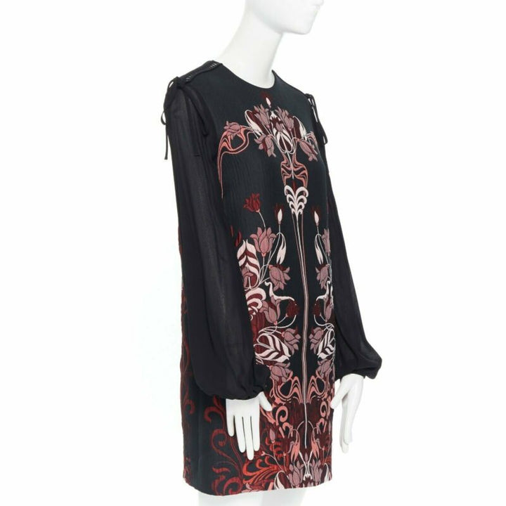 GIAMBA GIAMBATTISTA VALLI black red floral loque semi sheer sleeves dress XXS