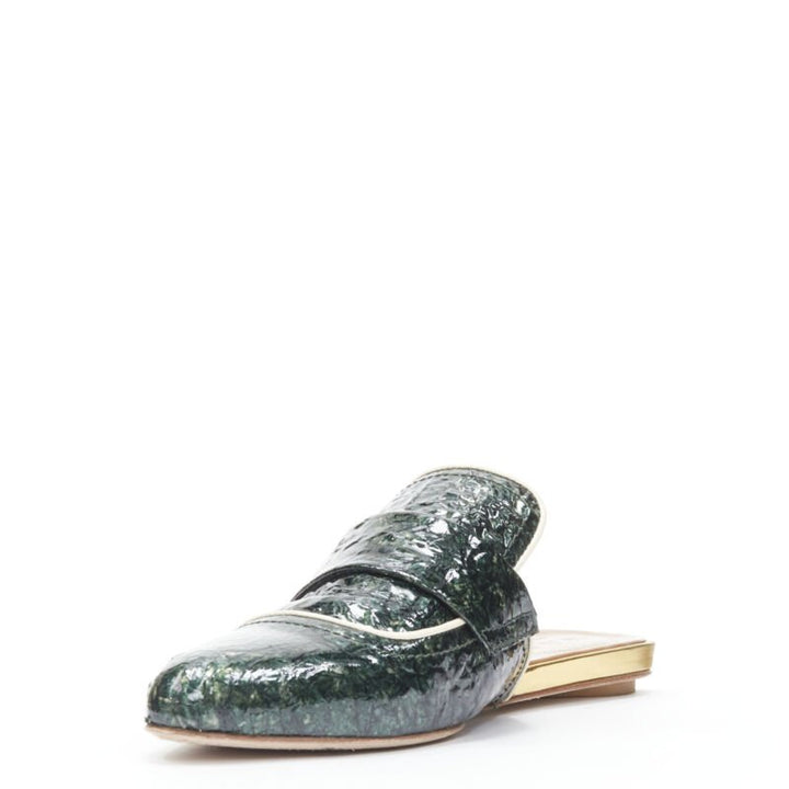 MARNI green crinkled patent point toe slip on mule flats loafer EU37.5