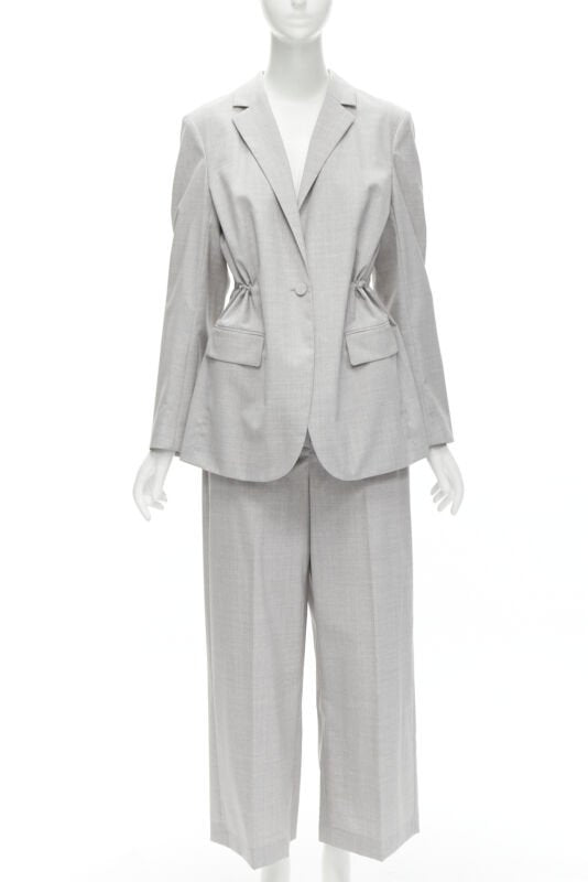 THEORY Drape wool grey drawstring cinched waist blazer wide leg pants set US6 S