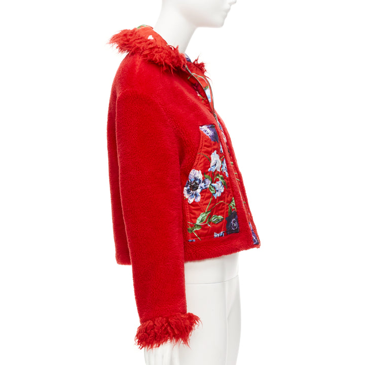 KENZO Memento reversible red purple flower print faux fur crop jacket FR34 XS