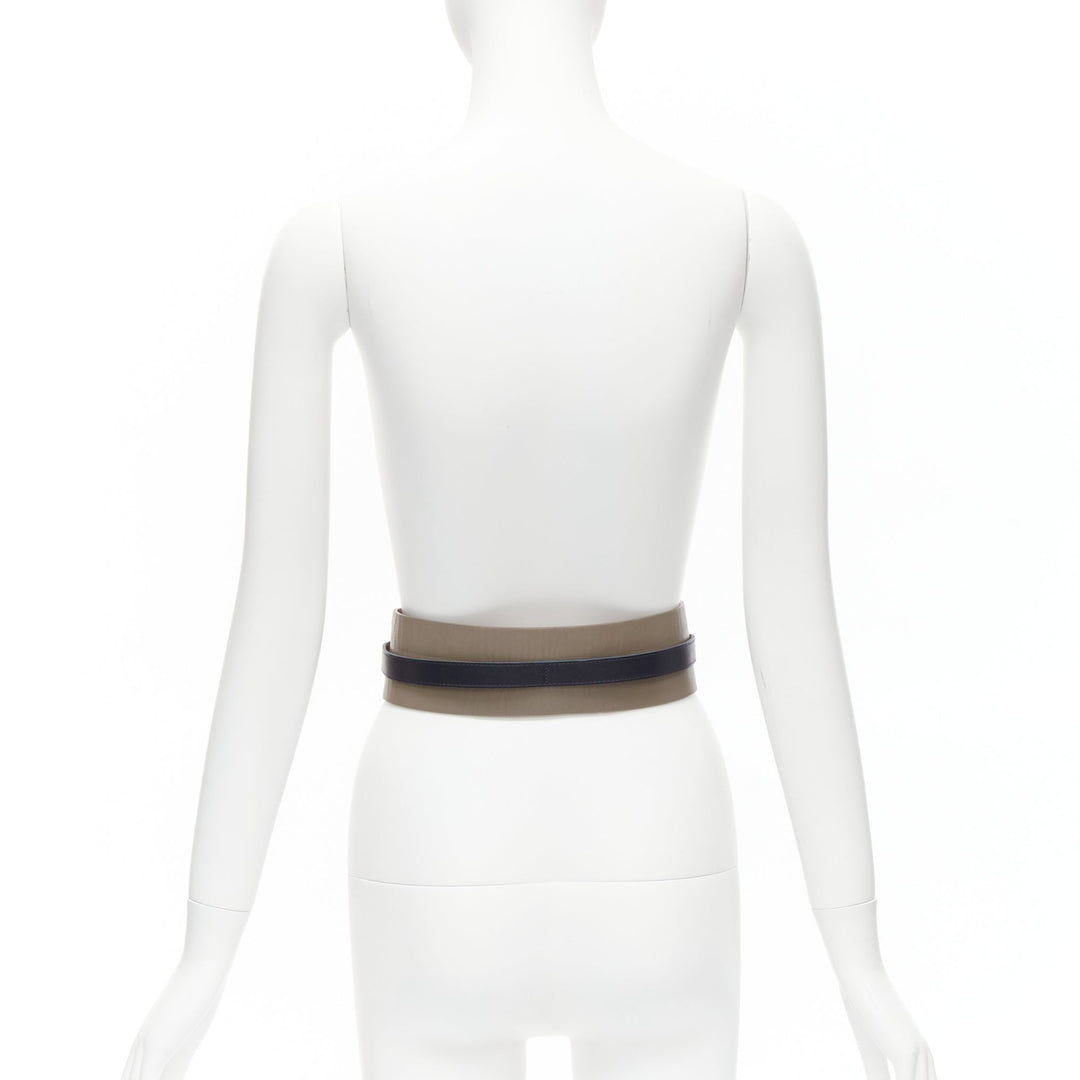 MAISON BOINET brown navy double cowhide leather gold buckle waist belt 70cm