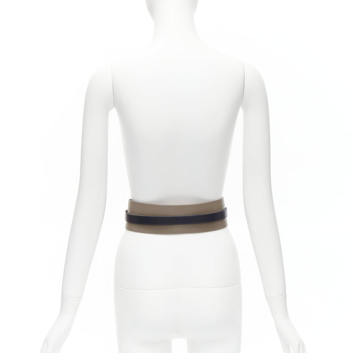 MAISON BOINET brown navy double cowhide leather gold buckle waist belt 70cm