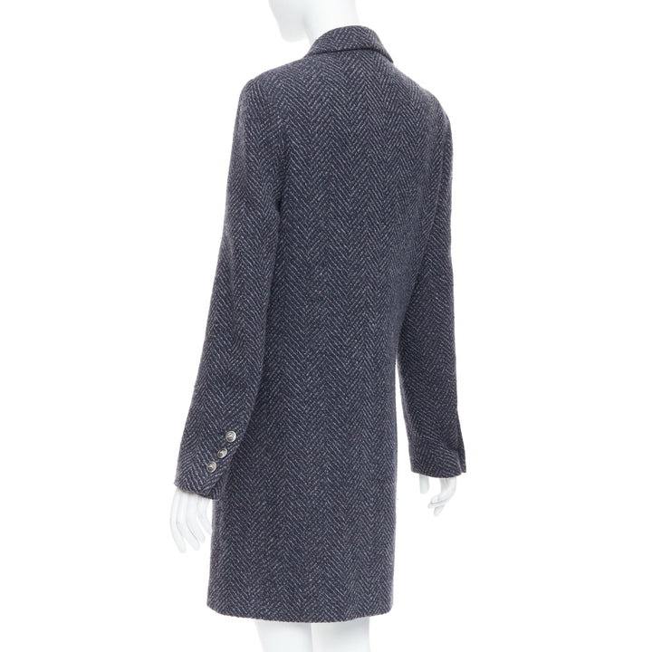 CHANEL Karl Lagerfeld 08A grey navy herringbone tweed long coat FR46 3XL