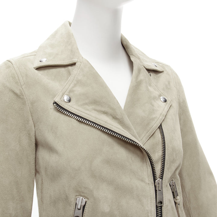 ALL SAINTS Dalby grey goat suede silver hardware classic biker jacket UK6 XS