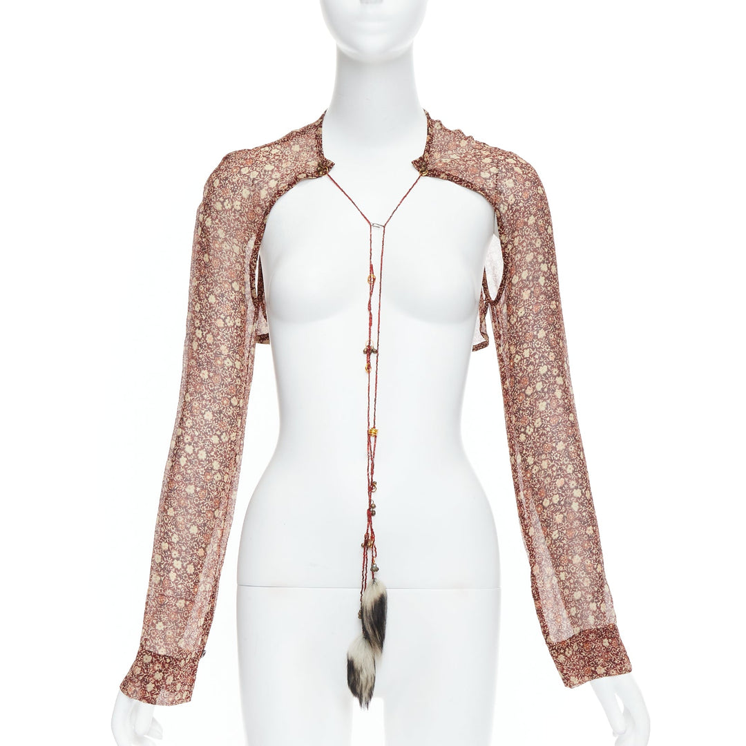 rare DRIES VAN NOTEN Vintage 90s brown silk ethnic fur charm crop top FR36 S