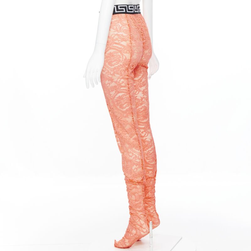 VERSACE Underwear Medusa Greca waist band blue floral lace tights M