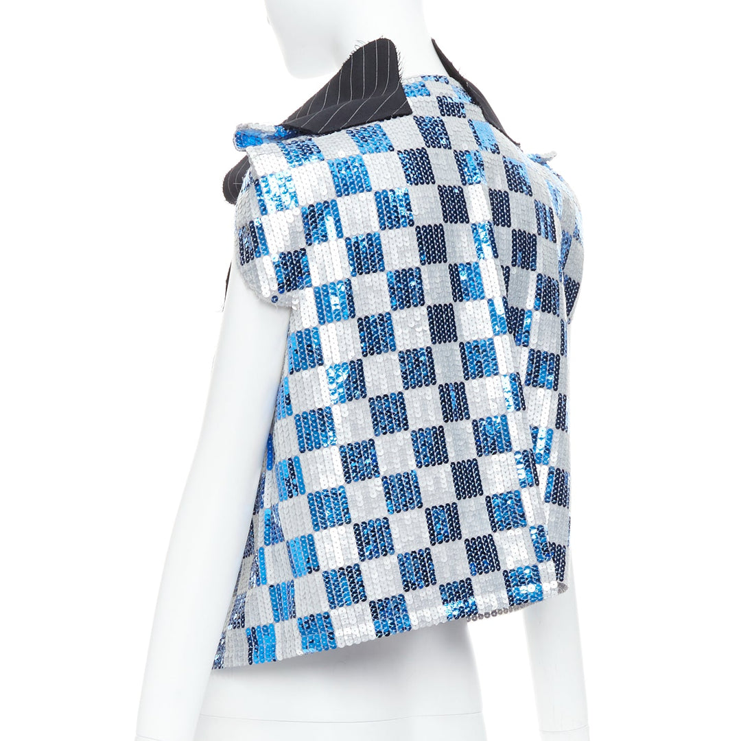 COMME DES GARCONS 2007 blue grey checkered sequin wool trim vest XS
