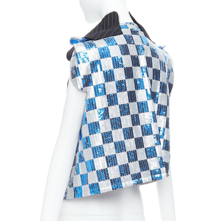 COMME DES GARCONS 2007 blue grey checkered sequin wool trim vest XS