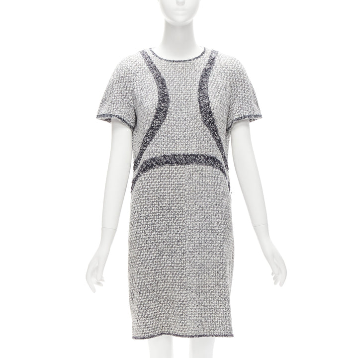CHANEL 13P grey graphic panels Fantasy Tweed shift dress FR46 3XL