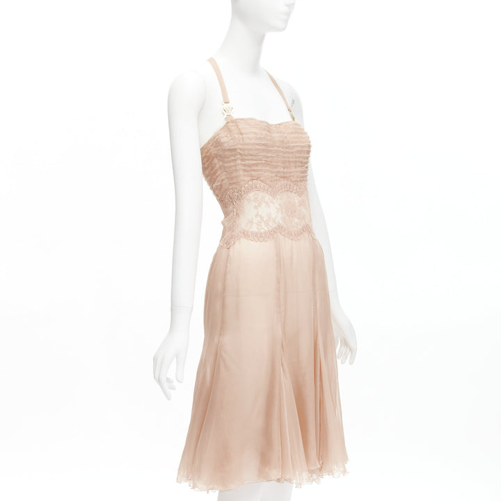 VERSACE 2005 Runway nude gold Medusa buckles sheer lace chiffon dress IT38 XS