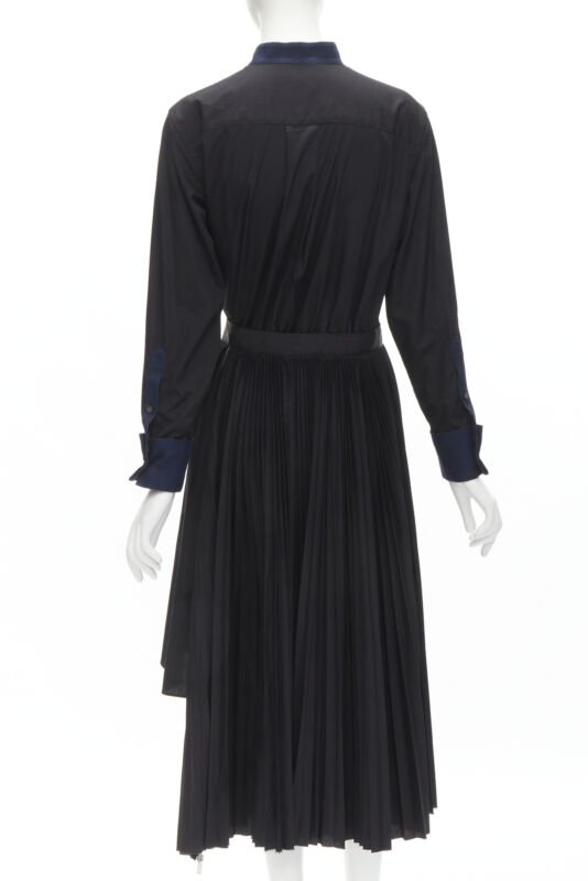 SACAI navy tuxedo bib collar black cotton pleated skirt belted midi dress JP2 M