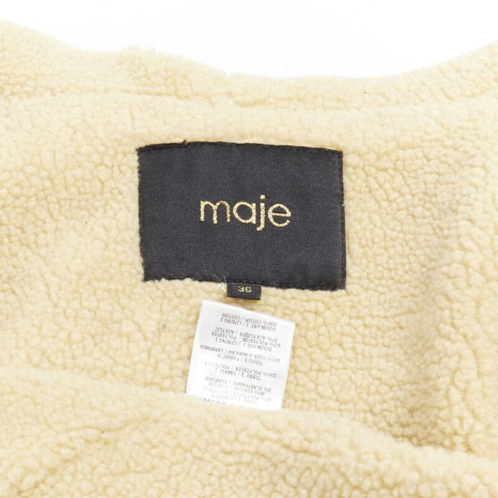 MAJE black fully shearling lined leather trim flared back coat FR36 S