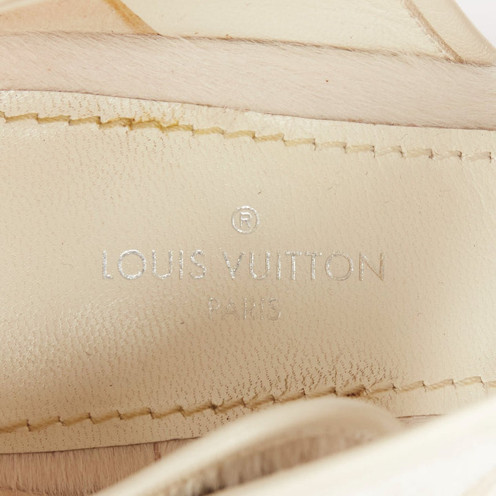 LOUIS VUITTON Anaconda white calf hair silver button braided chunky heel EU37