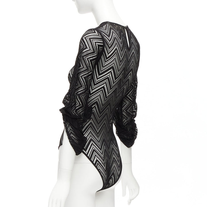 ROLAND MOURET black chevron lattice lace draped charm sleeves bodysuit top XS