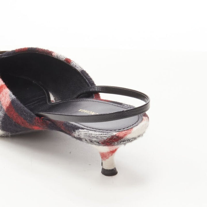 BALENCIAGA BB Knife gold logo red black plaid wool sling kitten pump EU38.5