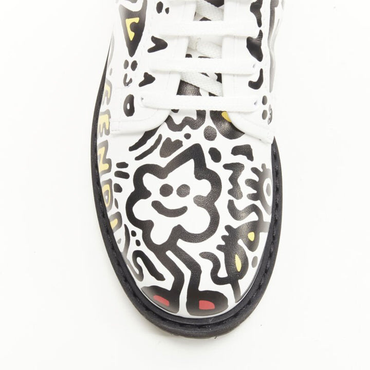 rare FENDI MR DOODLE white logo graffiti print laced combat ankle boot EU36