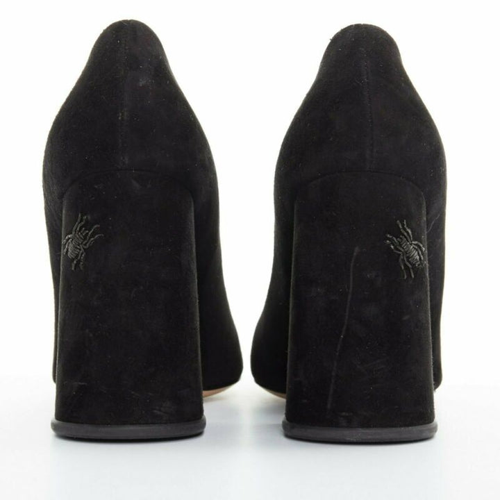 CHARLOTTE OLYMPIA black suede point toe spider embroidered chunky high heel EU35