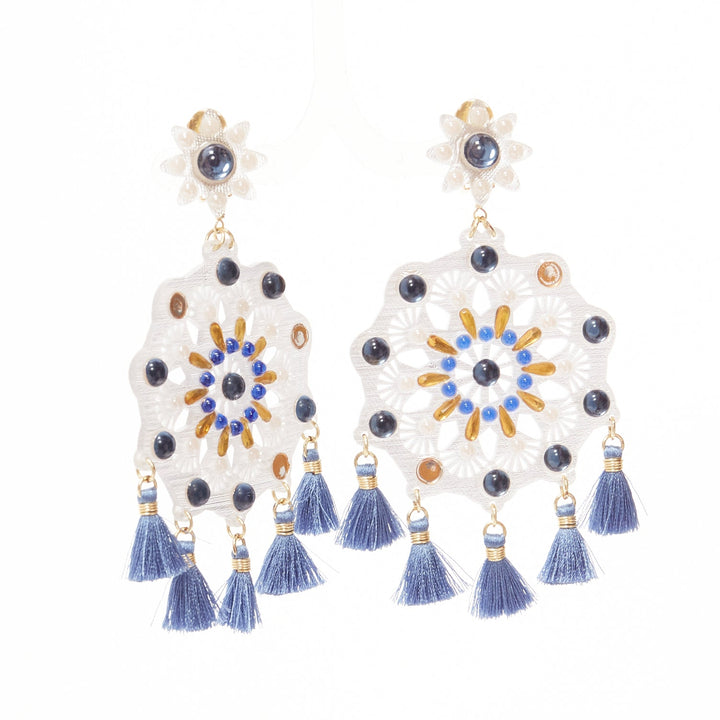 MERCEDES SALAZAR clear acrylic blue beads tassels clip on drop earrings