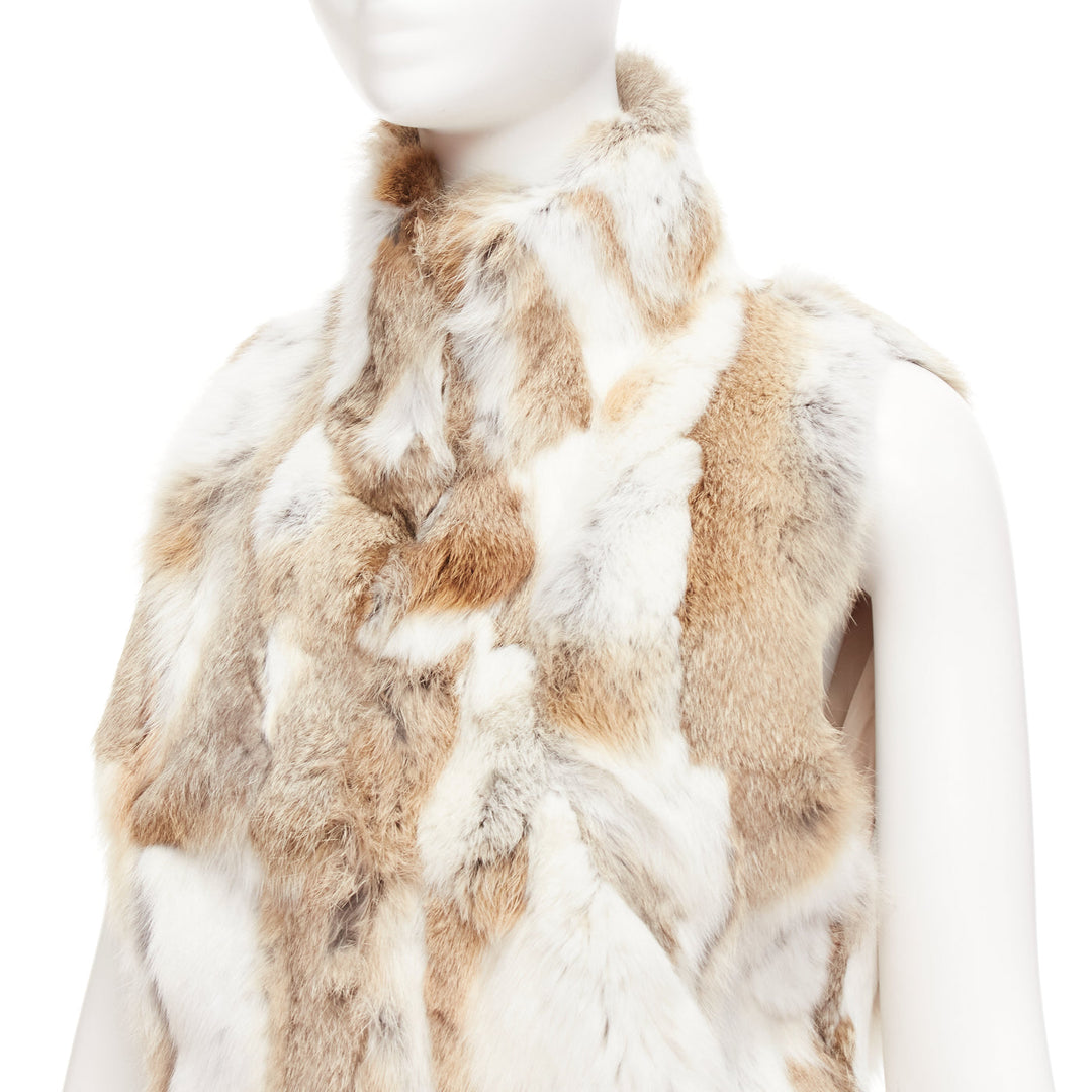 EAVES brown white rabbit fur patchwork hi neck sleeveless vest jacket S