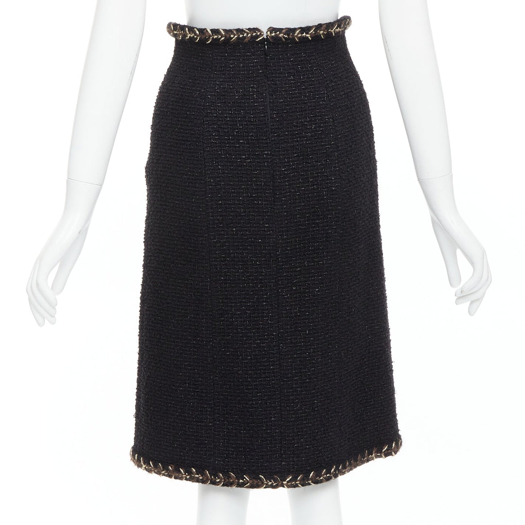 CHANEL 18K black cotton tweed brown gold braided trim tweed skirt FR34 XS