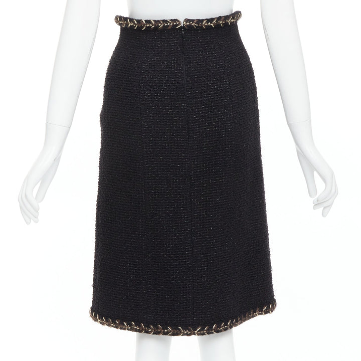 CHANEL 18K black cotton tweed brown gold braided trim tweed skirt FR34 XS