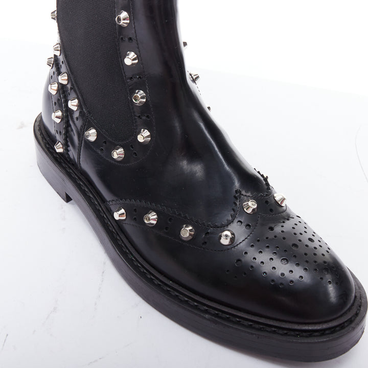 BALENCIAGA black silver studded brogue chelsea ankle boots EU38
