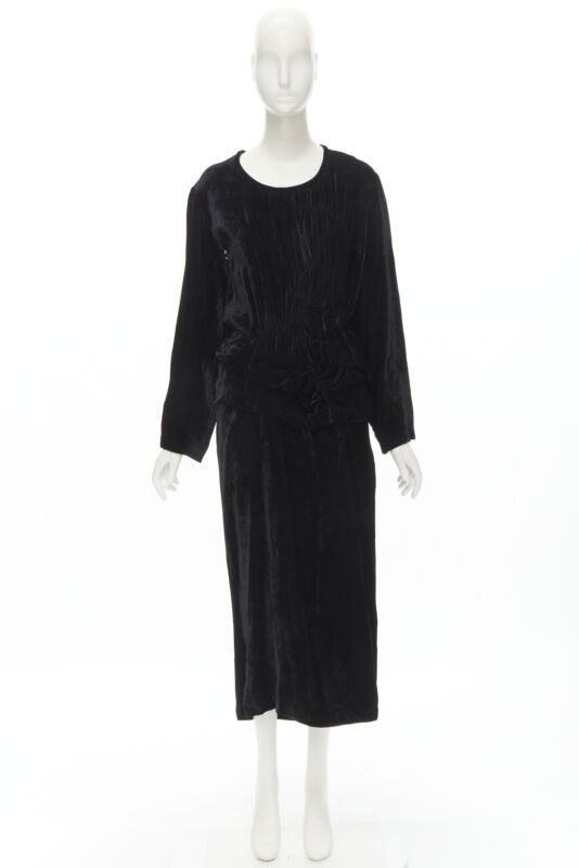 COMME DES GARCONS 1980's Vintage black velvet irregular shirred midi dress M