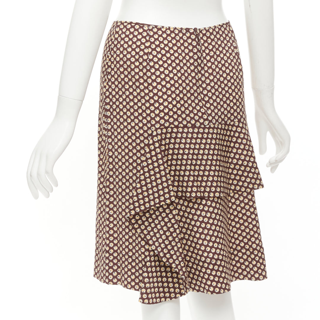 MARNI brown yellow floral silk blend ruffle drape front mid skirt IT40 S