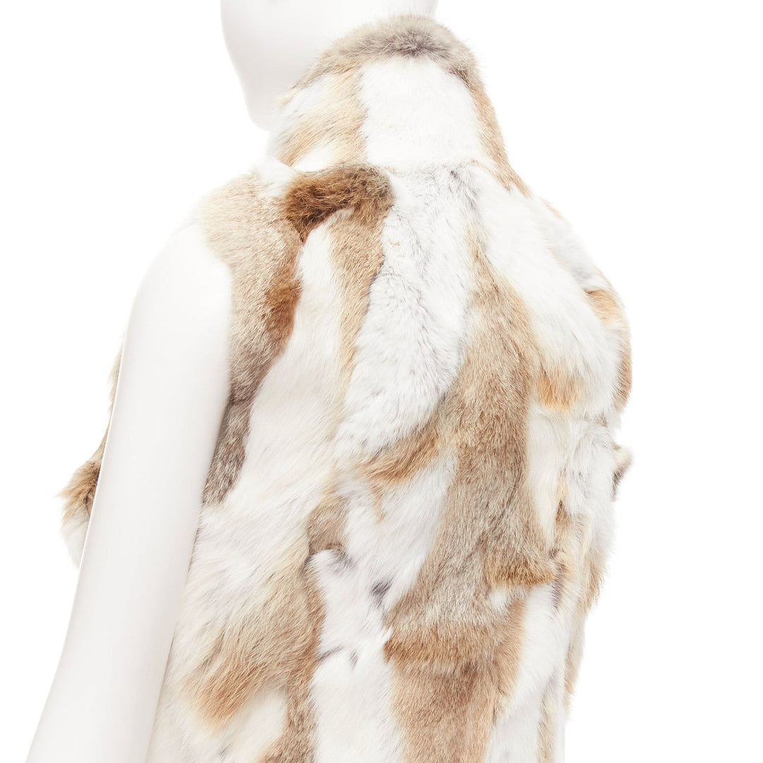 EAVES brown white rabbit fur patchwork hi neck sleeveless vest jacket S