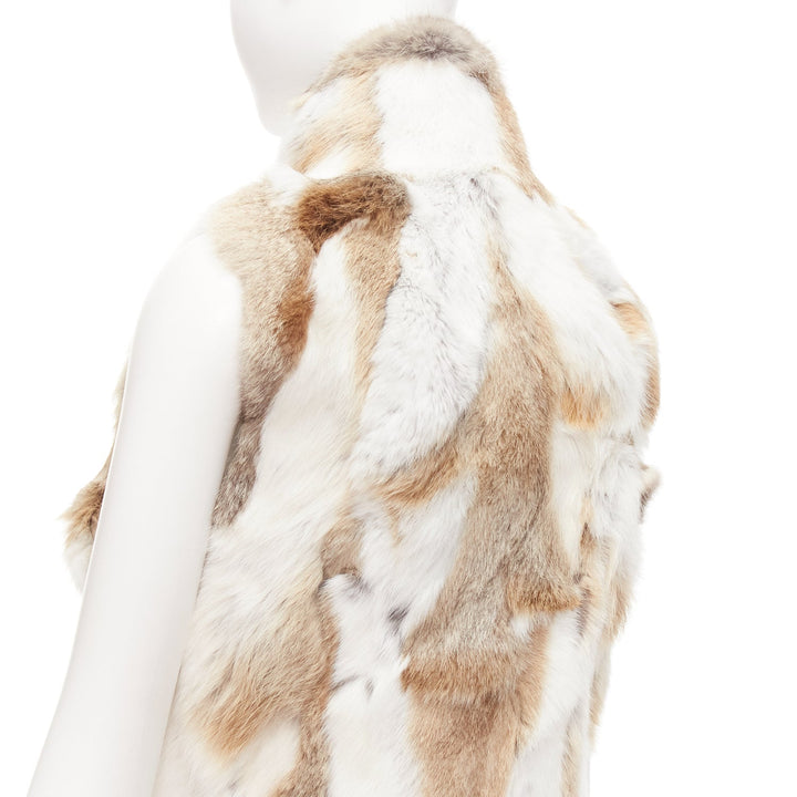 EAVES brown white rabbit fur patchwork hi neck sleeveless vest jacket S