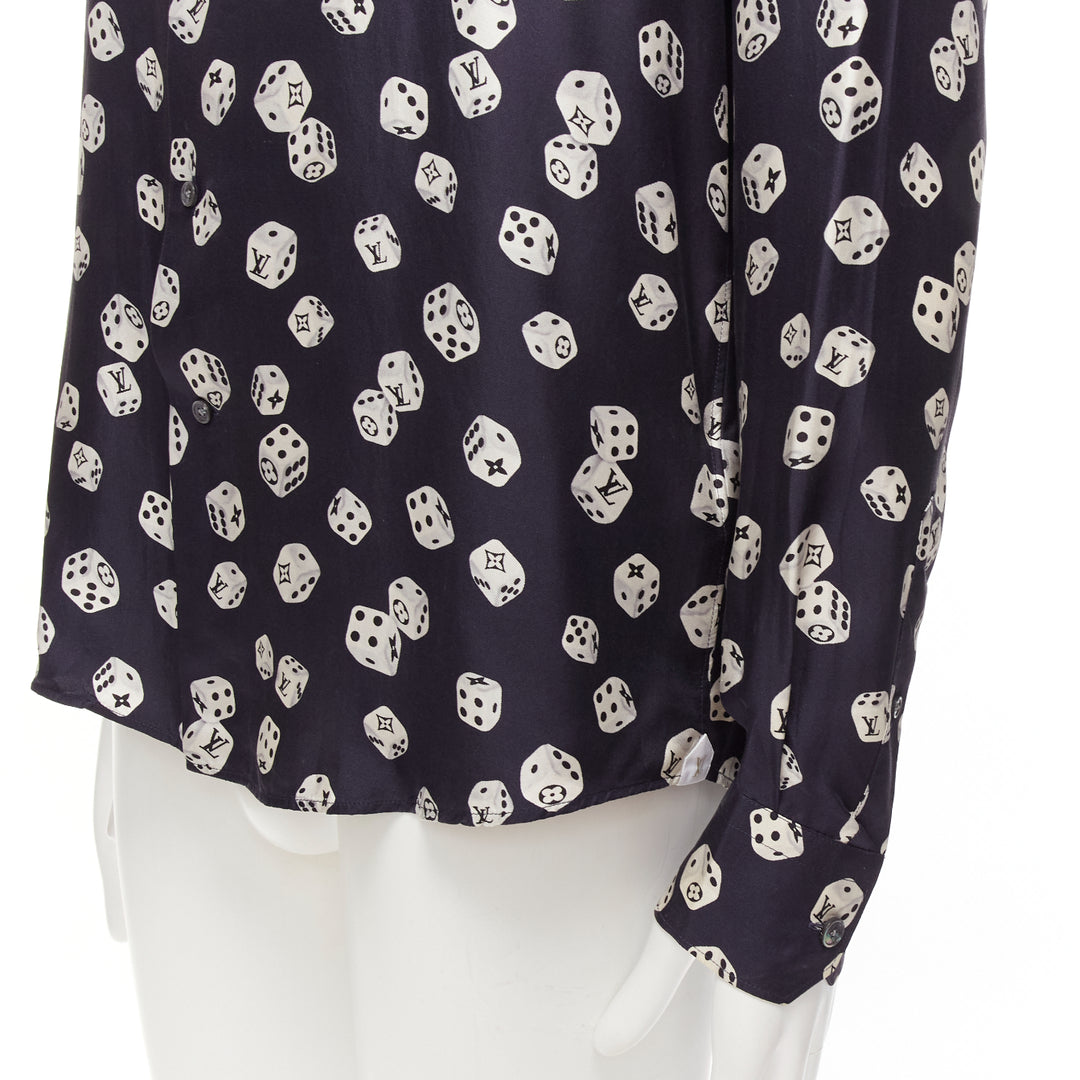 LOUIS VUITTON navy cream 100% silk LV logo dice print regular fit shirt M